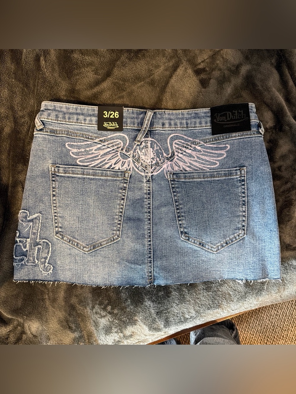 Von Dutch Light Blue Denim Mini Skirt with Embroidered Wings